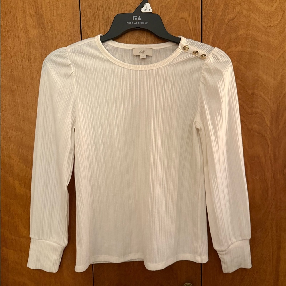 LOFT Cream Ribbed Long-Sleeve Top with Gold Shoulder Buttons